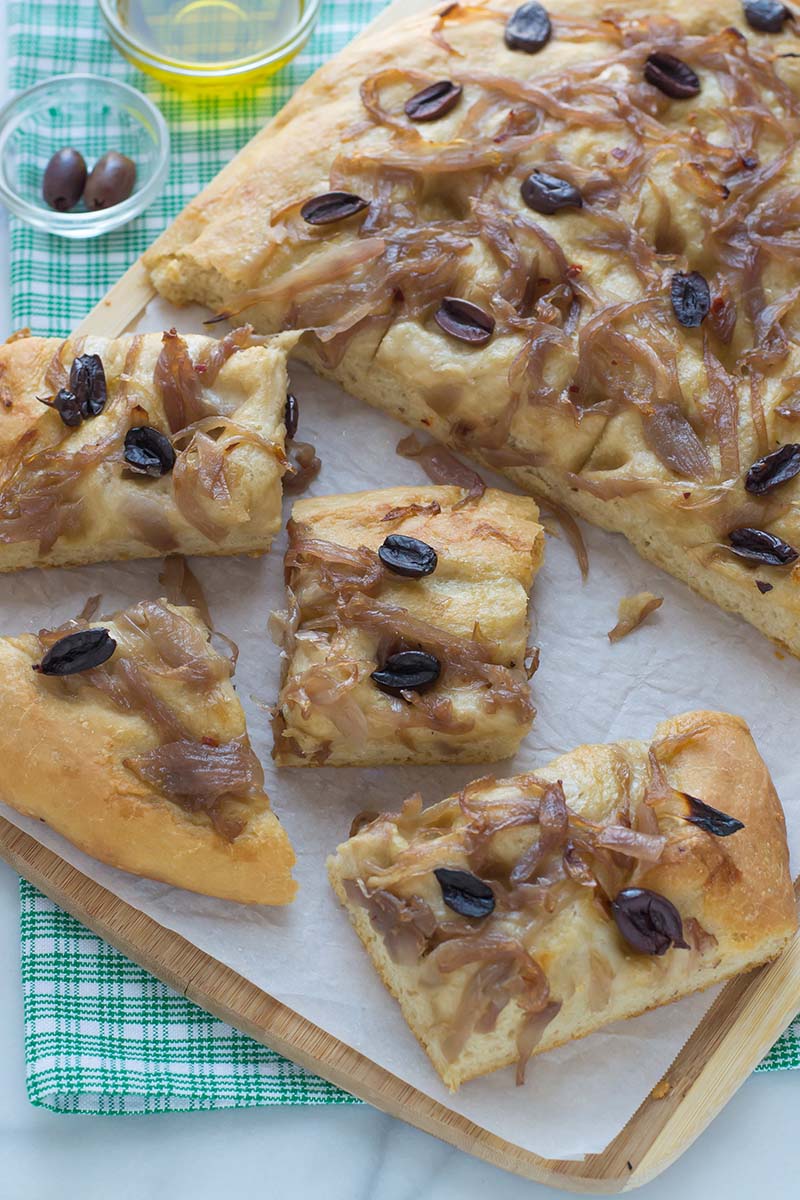 No Knead Caramelized Onion & Olive Focaccia