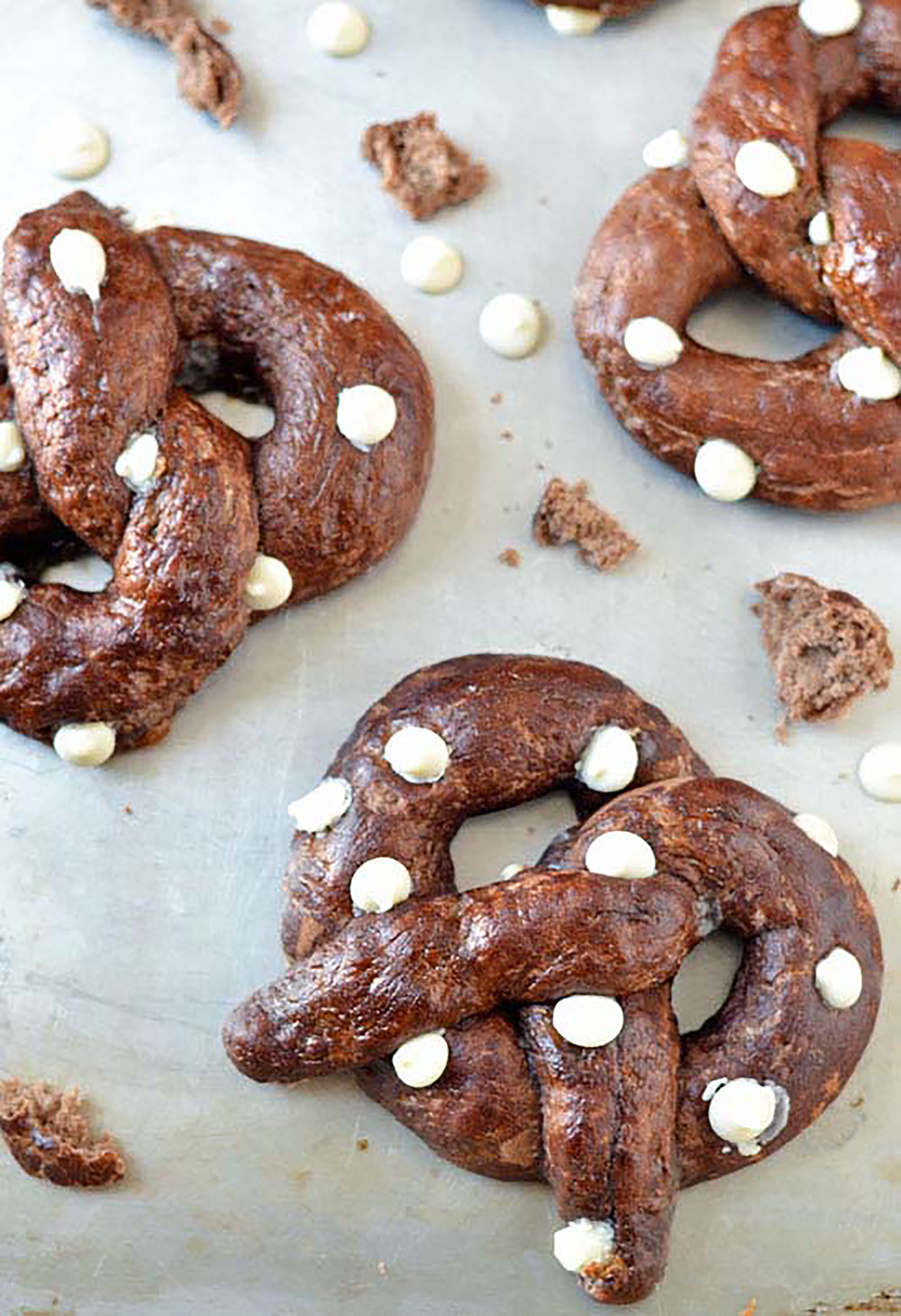 Chocolate Soft Pretzels with White Chocolate Chips