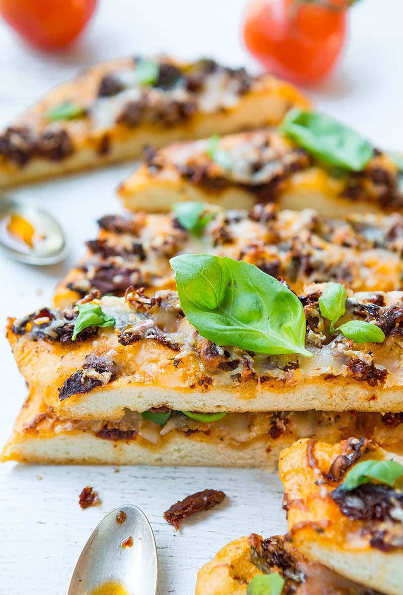 One Hour Sun-Dried Tomato Basil and Mozzarella Focaccia Bread