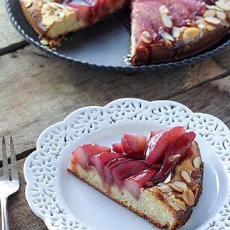 Almond Poached Pear Brioche Cake with Red Wine Caramel - Red Star® Yeast