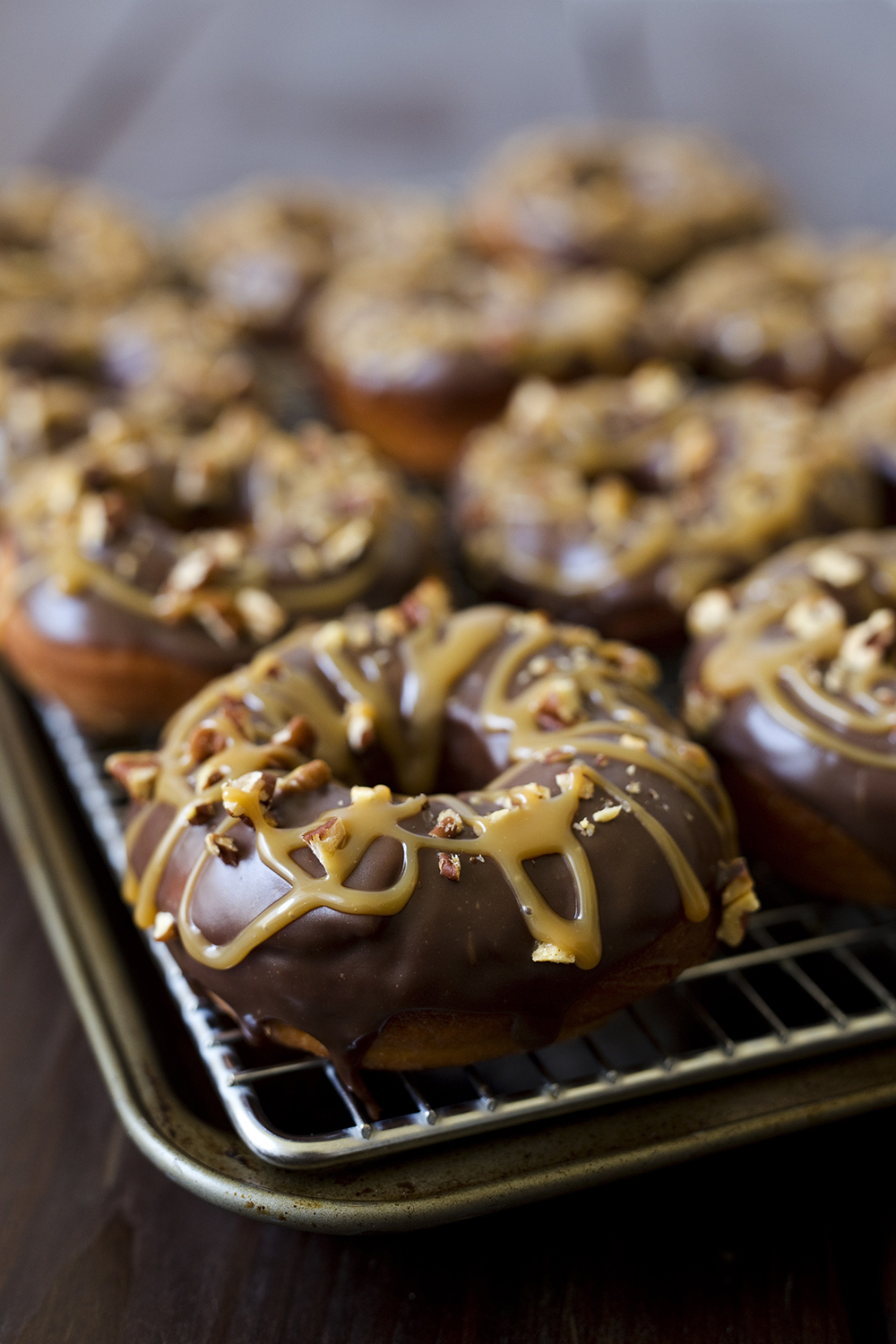 Chocolate Caramel Pecan Turtle Doughnuts