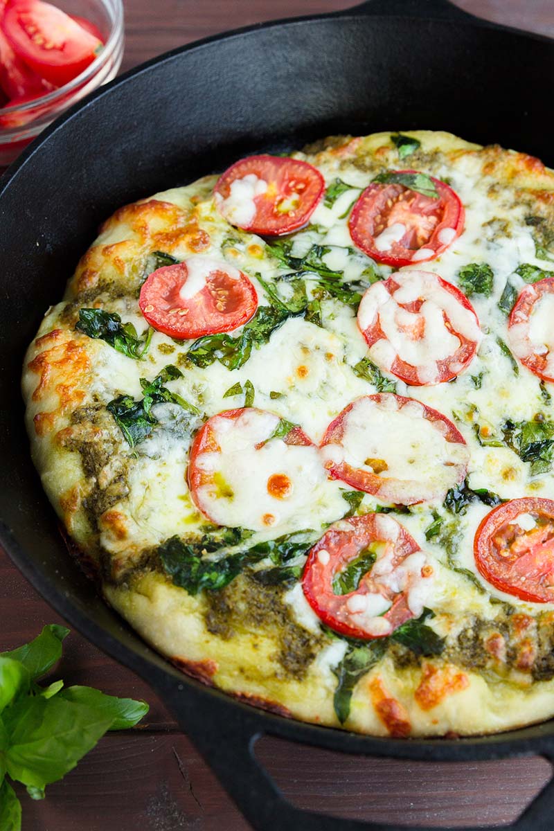 Skillet Pizza with Pesto, Tomatoes and Spinach recipe