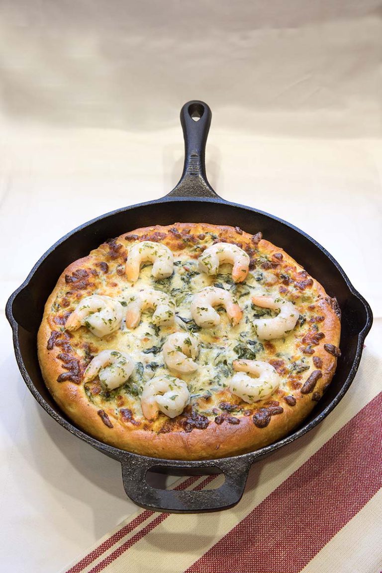 Spinach & Artichoke Crispy Skillet Pan Pizza with Garlic Butter Herb Shrimp
