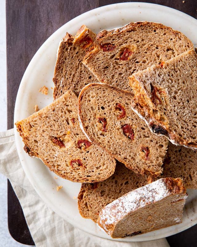 Perfect for sandwiches or snacking, this whole wheat bread is packed with plenty of Parmesan and sun-dried tomatoes for a cheesy and salty punch. Find recipe at redstaryeast.com.