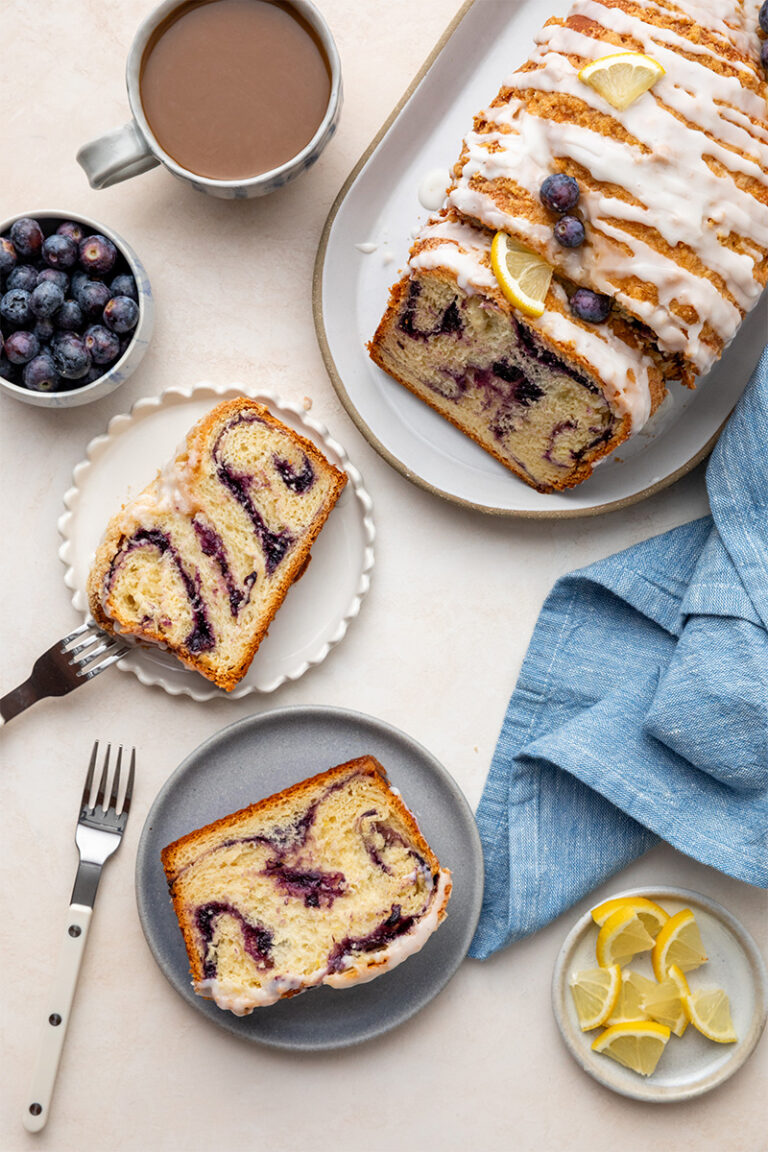 Lemon blueberry babka sliced bread on plate