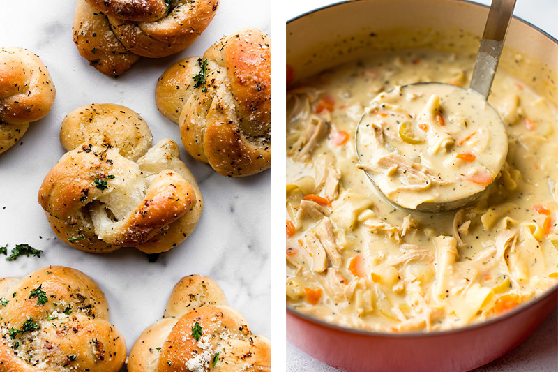 Garlic knots paired with creamy chicken noodle soup