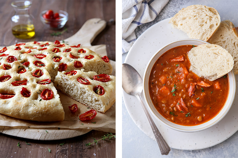 Roasted tomato focaccia paired with ham and lentil soup
