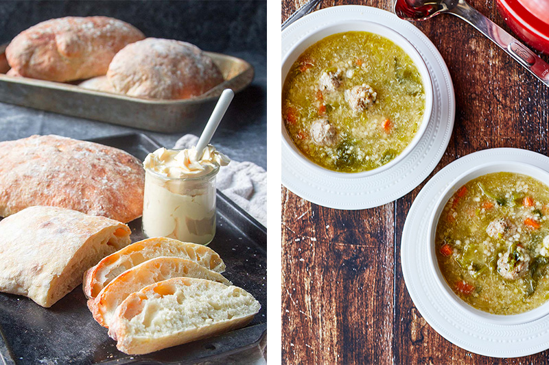 Authentic ciabatta bread paired with authentic Italian wedding soup