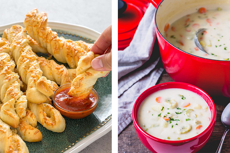 Roasted garlic breadsticks paired with knoephla soup