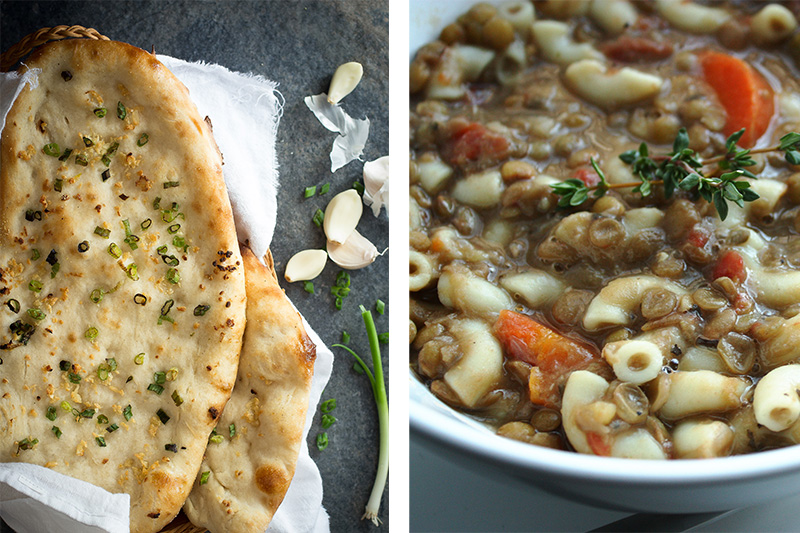 Garlic naan paired with lentil soup
